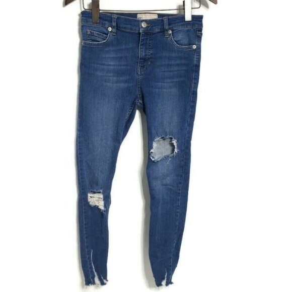 Free People Jeans Shark Bite Blue Distressed Skinny Size 26 Blue Denim - Picture 3 of 11